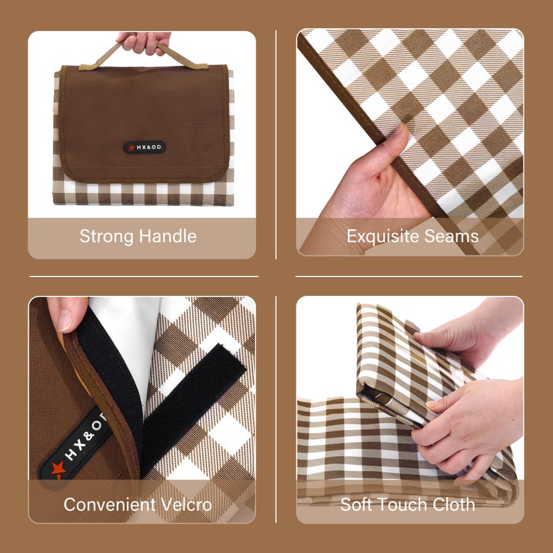 HX&OD Picnic Blanket Outdoor Extra Large Picnic Mat 80""X60"" Camping Blanket Beach Blanket Foldable Waterproof Sand Mat Hiking Travel Family Concerts(Brown) - Image 4